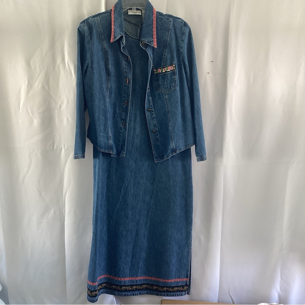 Vintage Denim Dress Jacket 2pc. Set 10P Boho Embroidery Western 90s Cottagecore
